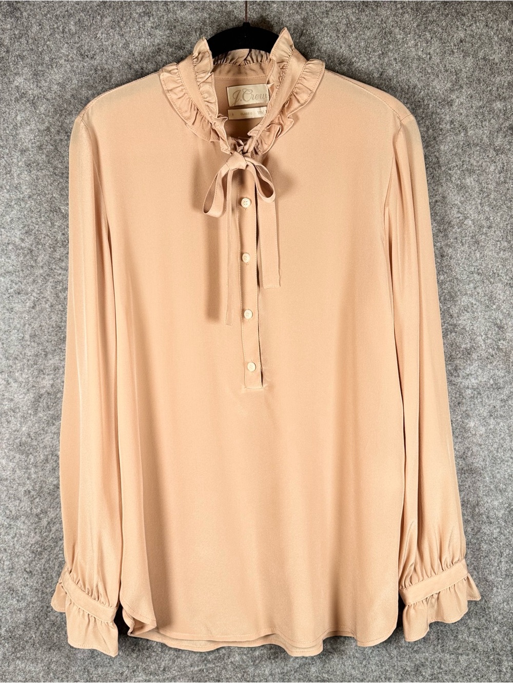 J.Crew 100% Silk Ruffle Tie-Neck Blouse – Size 8 Classic Fit (Lt. Pink/Beige)